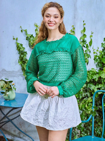 Frill Trim Lantern Sleeve Hollow Out Blouse