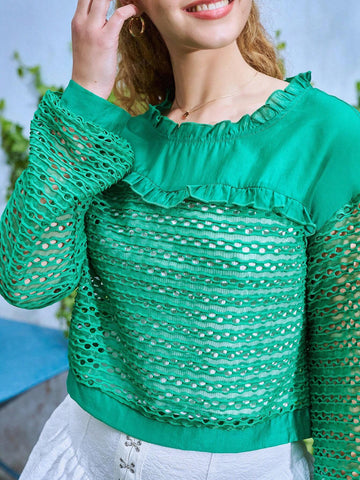 Frill Trim Lantern Sleeve Hollow Out Blouse
