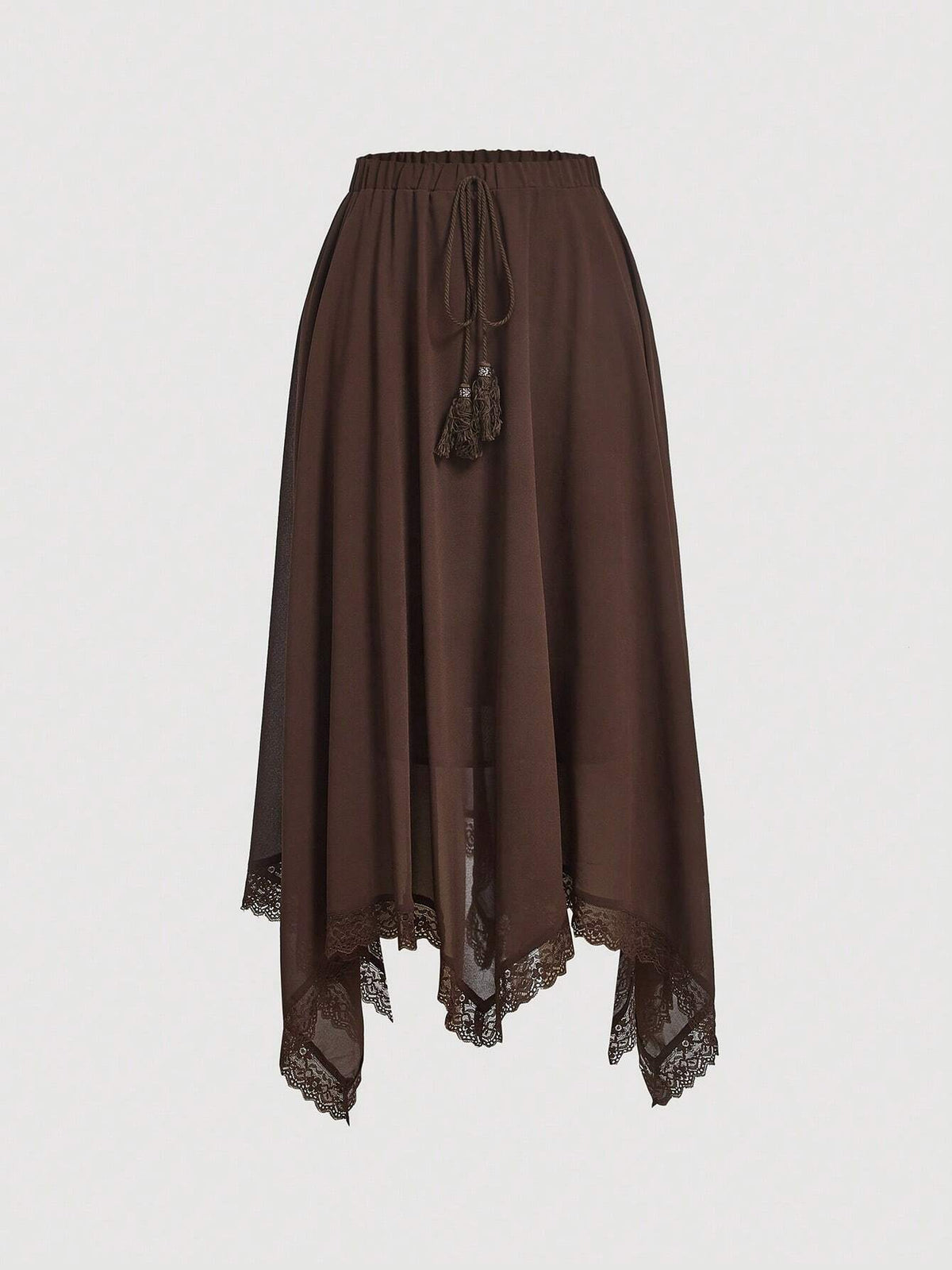 MOD Contrast Lace Tassel Tie Front Asymmetrical Hem Skirt