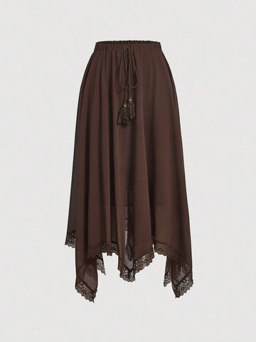 MOD Contrast Lace Tassel Tie Front Asymmetrical Hem Skirt