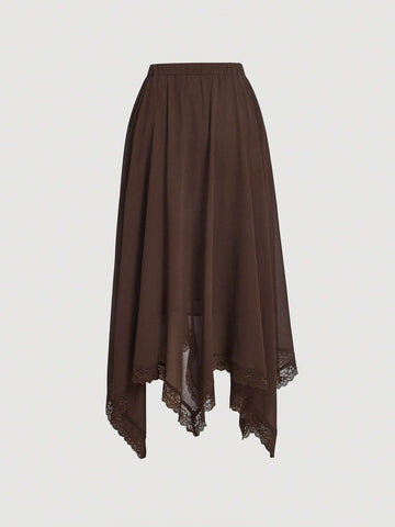 MOD Contrast Lace Tassel Tie Front Asymmetrical Hem Skirt