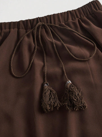 MOD Contrast Lace Tassel Tie Front Asymmetrical Hem Skirt