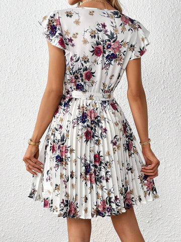 Floral Print Butterfly Sleeve Pleated Hem Belted Dress