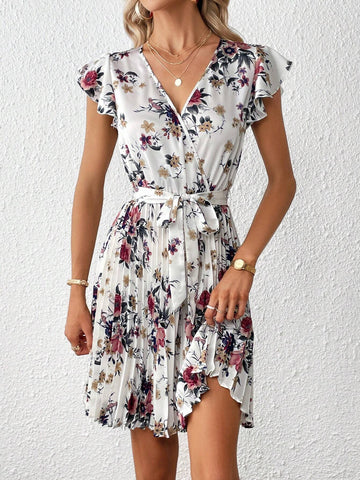 Floral Print Butterfly Sleeve Pleated Hem Belted Dress