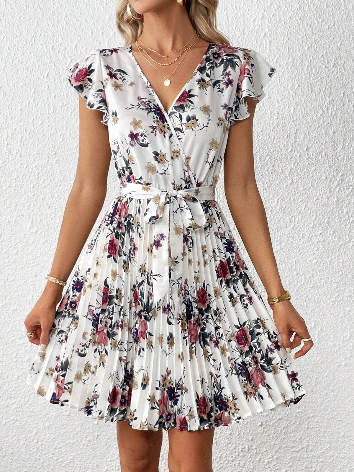Floral Print Butterfly Sleeve Pleated Hem Belted Dress