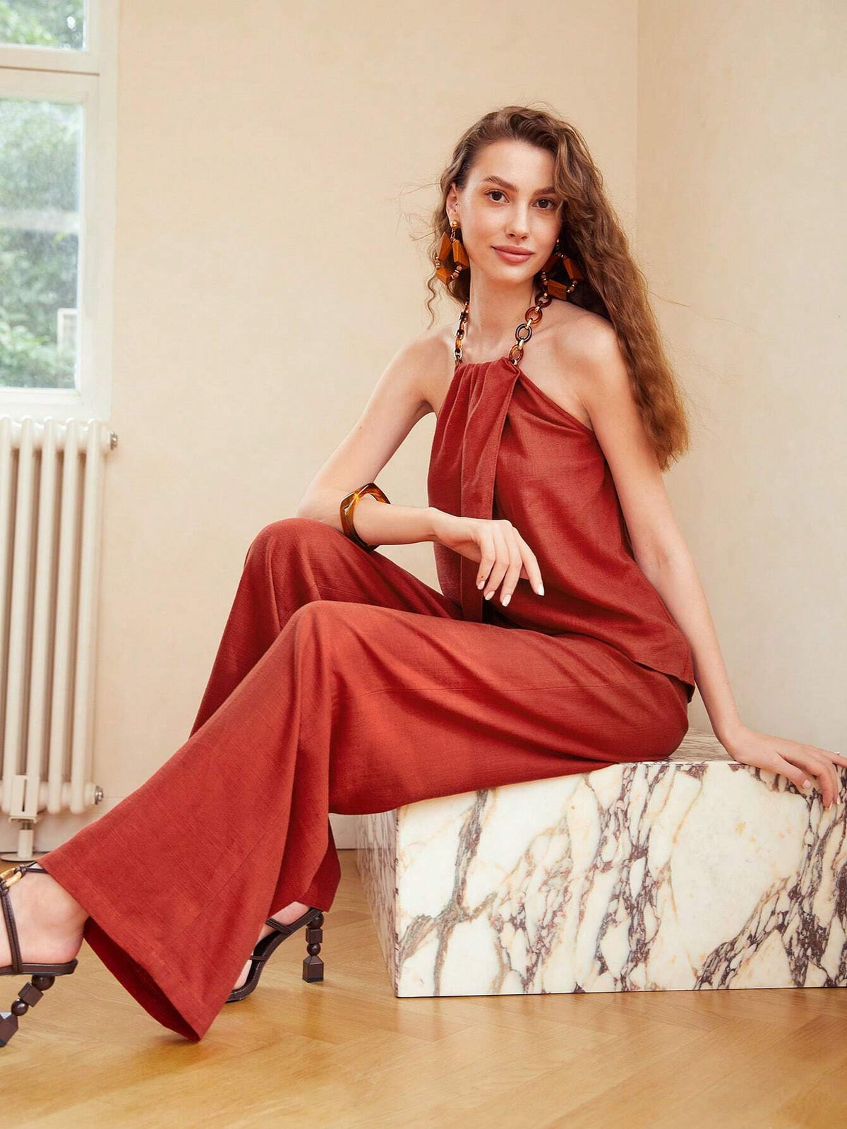 MOTF PREMIUM LINEN VISCOSE CHAIN HALTER TOP & PANTS SET