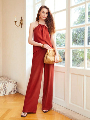 MOTF PREMIUM LINEN VISCOSE CHAIN HALTER TOP & PANTS SET
