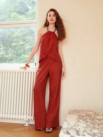 MOTF PREMIUM LINEN VISCOSE CHAIN HALTER TOP & PANTS SET