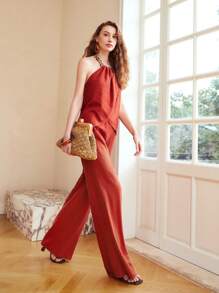 MOTF PREMIUM LINEN VISCOSE CHAIN HALTER TOP & PANTS SET