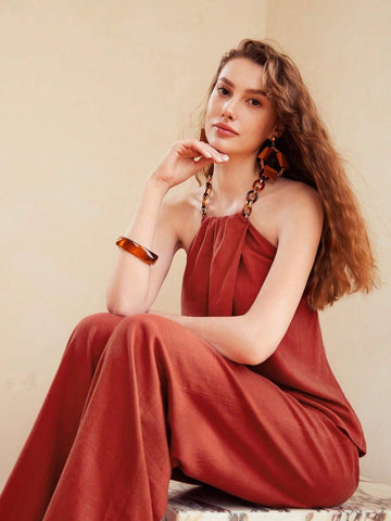 MOTF PREMIUM LINEN VISCOSE CHAIN HALTER TOP & PANTS SET