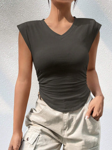 Unity Solid Ruched Side Curved Hem Tee