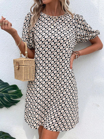 EMERY ROSE Allover Print Puff Sleeve Tunic Dress