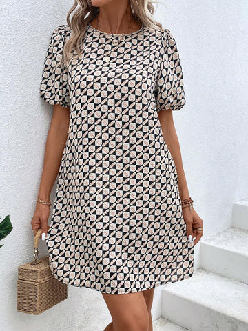 EMERY ROSE Allover Print Puff Sleeve Tunic Dress
