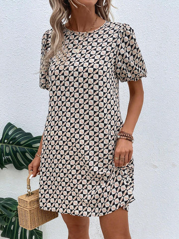 EMERY ROSE Allover Print Puff Sleeve Tunic Dress