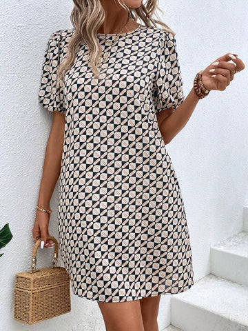 EMERY ROSE Allover Print Puff Sleeve Tunic Dress