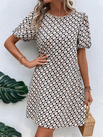 EMERY ROSE Allover Print Puff Sleeve Tunic Dress