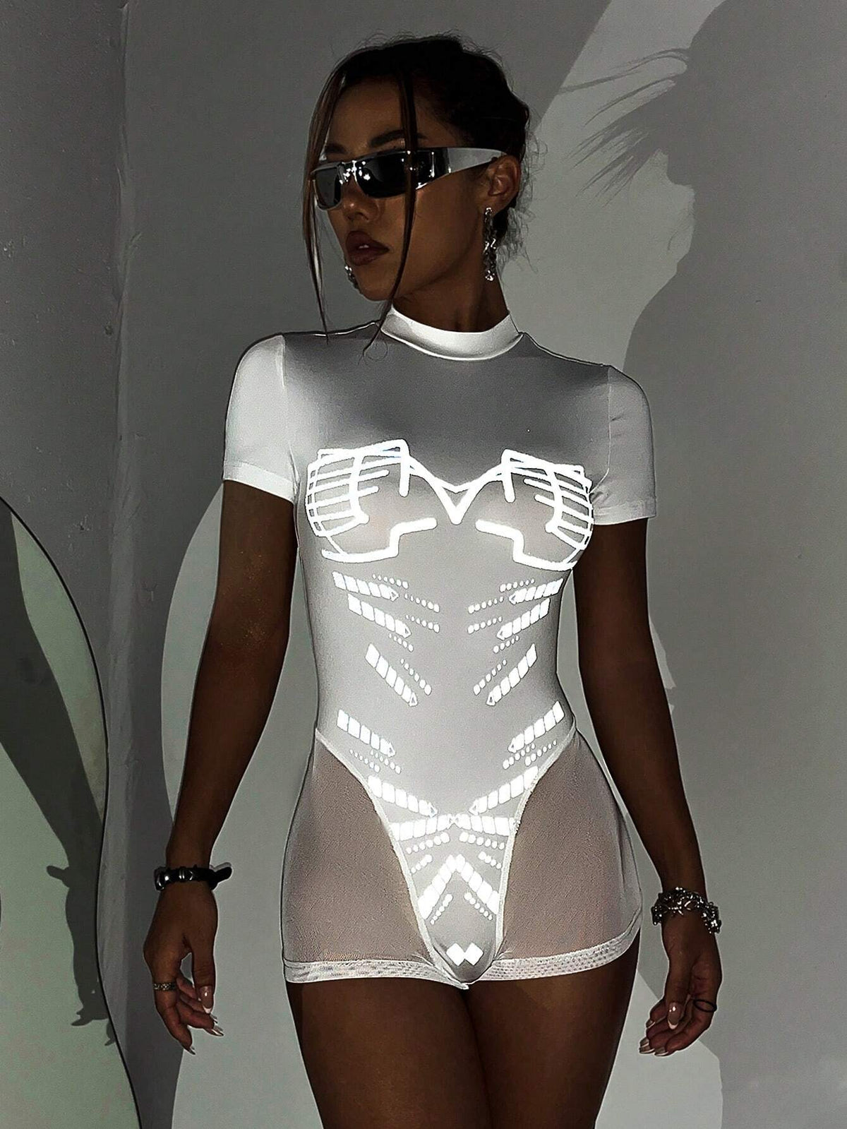 Graphic Mesh Insert Unitard Romper