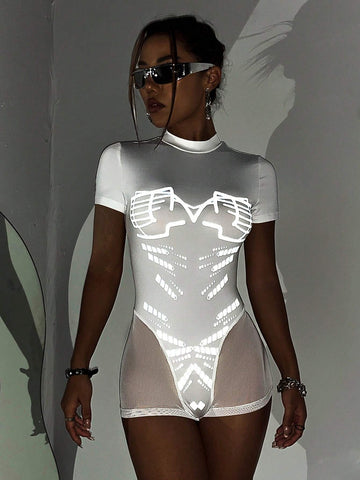 Graphic Mesh Insert Unitard Romper