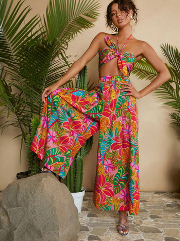 Tropical Print Tie Backless Halter Top & Wide Leg Pants