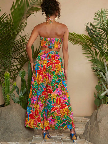 Tropical Print Tie Backless Halter Top & Wide Leg Pants