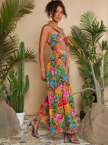 Tropical Print Tie Backless Halter Top & Wide Leg Pants