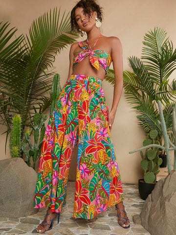 Tropical Print Tie Backless Halter Top & Wide Leg Pants