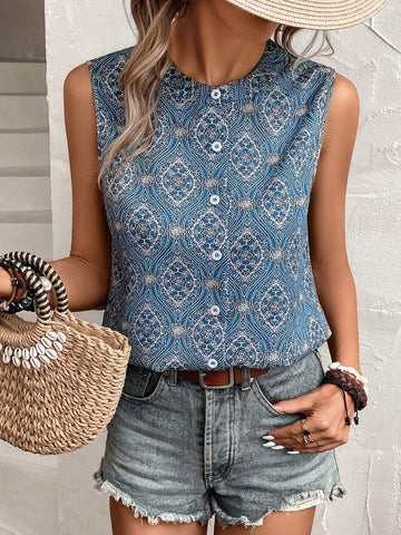 Allover Print Button Front Sleeveless Blouse