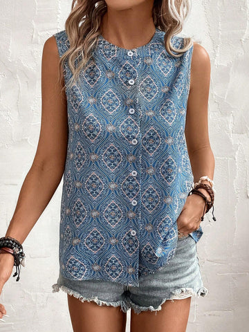 Allover Print Button Front Sleeveless Blouse