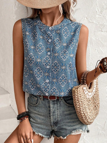 Allover Print Button Front Sleeveless Blouse