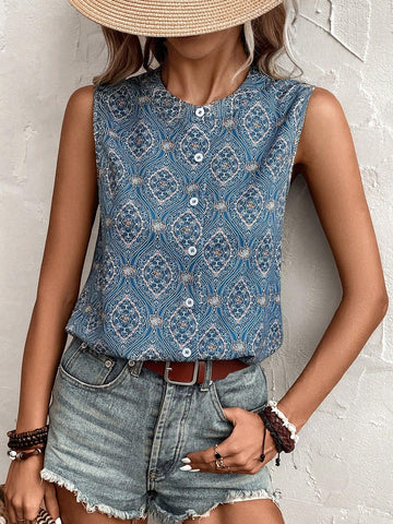 Allover Print Button Front Sleeveless Blouse