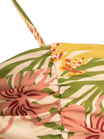 Tropical Print Cut Out Waist Cami Romper