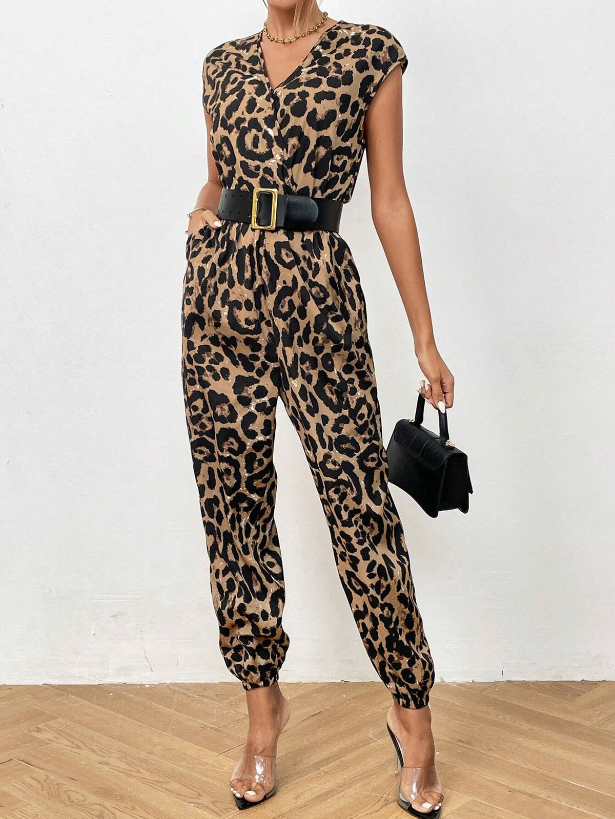 Leopard Print Batwing Sleeve Jumpsuit Without Belt