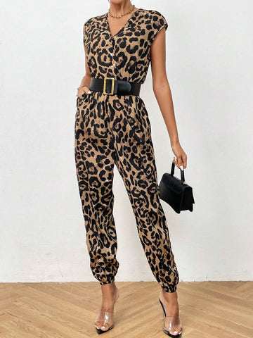 Leopard Print Batwing Sleeve Jumpsuit Without Belt