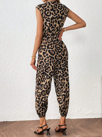 Leopard Print Batwing Sleeve Jumpsuit Without Belt