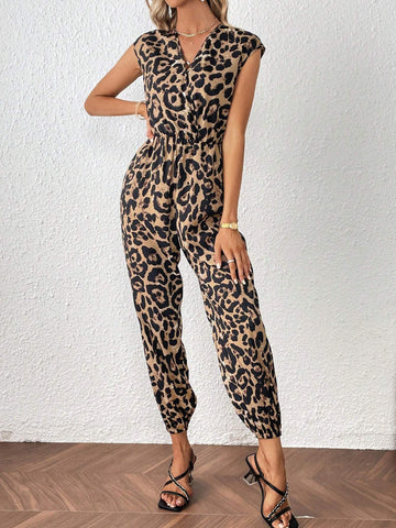 Leopard Print Batwing Sleeve Jumpsuit Without Belt