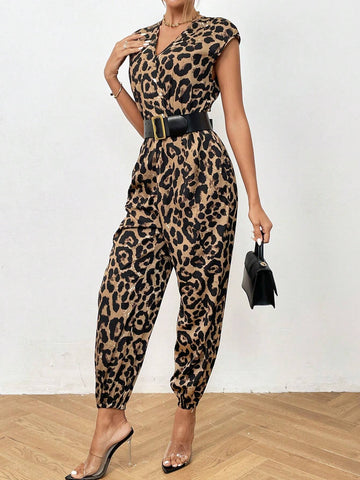 Leopard Print Batwing Sleeve Jumpsuit Without Belt