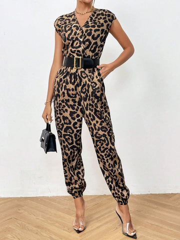 Leopard Print Batwing Sleeve Jumpsuit Without Belt