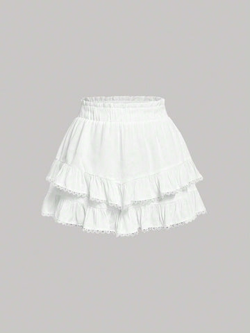 MOD Paperbag Waist Lace Trim Ruffle Hem Shorts
