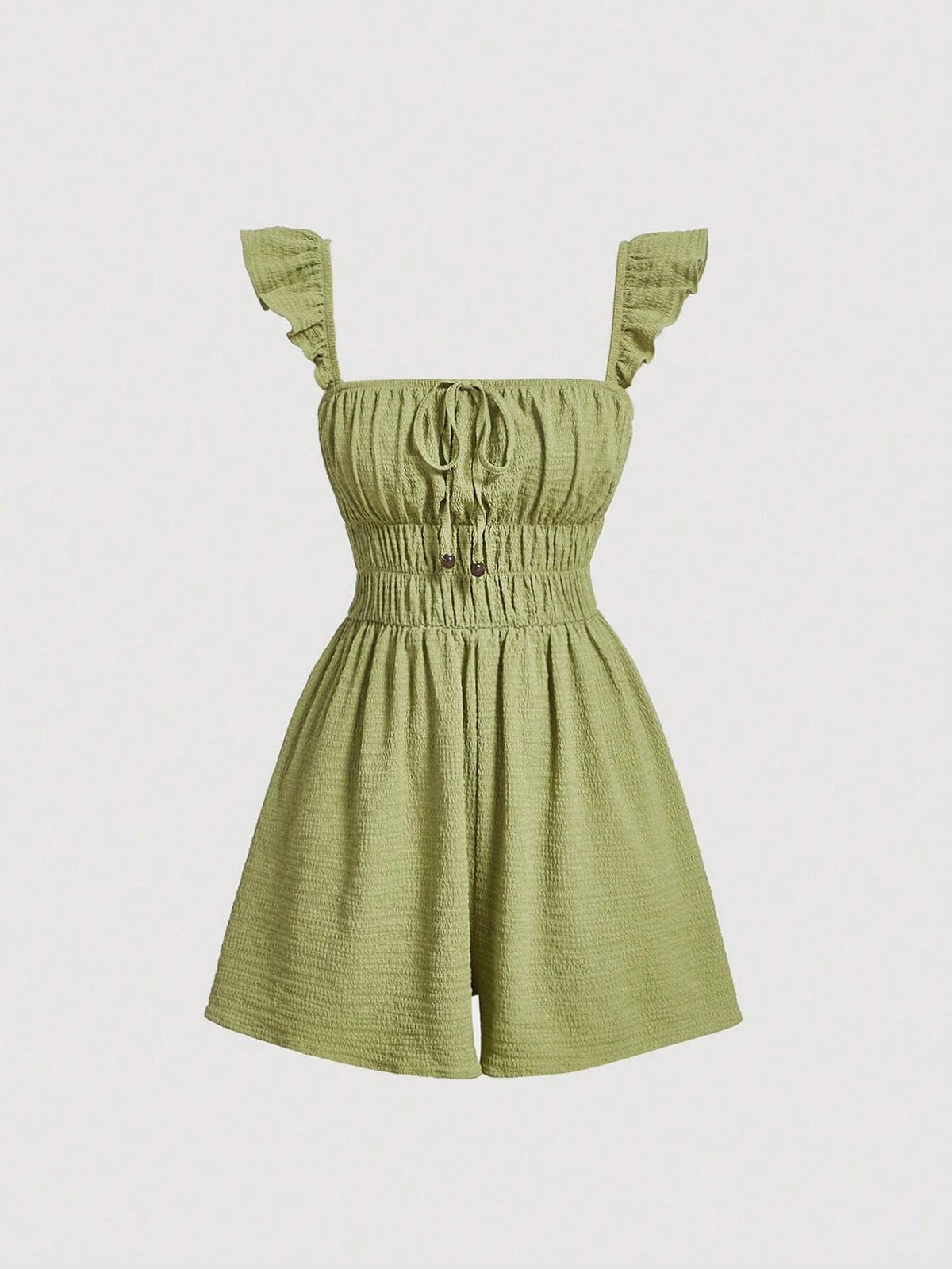 Ruched Bust Ruffle Trim Tie Front Romper
