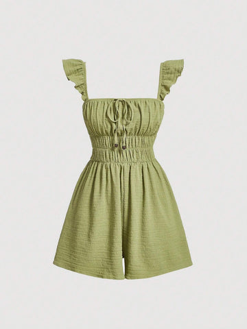Ruched Bust Ruffle Trim Tie Front Romper