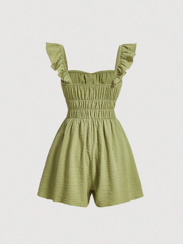 Ruched Bust Ruffle Trim Tie Front Romper