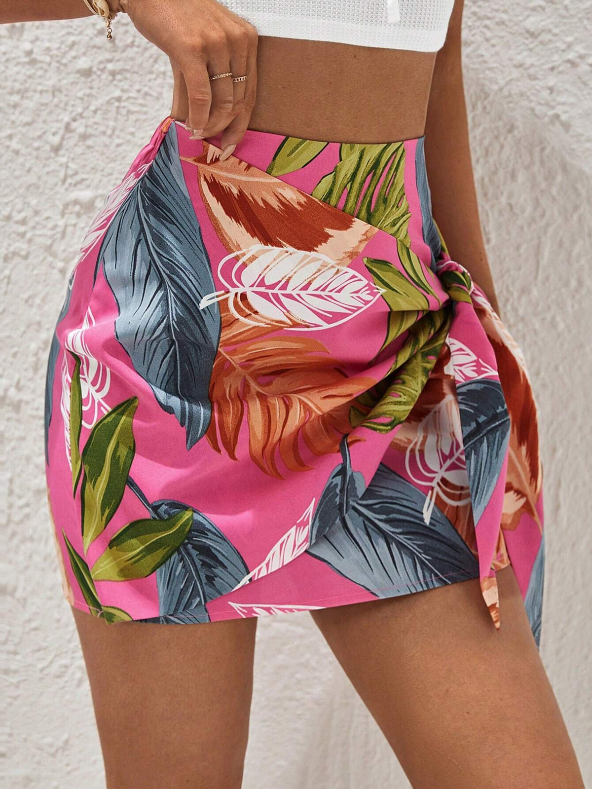 VCAY Tropical Print Knot Side Wrap Hem Skirt