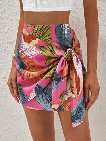 VCAY Tropical Print Knot Side Wrap Hem Skirt