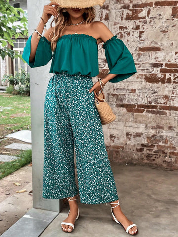 Off Shoulder Top & Ditsy Floral Print Wide Leg Pants