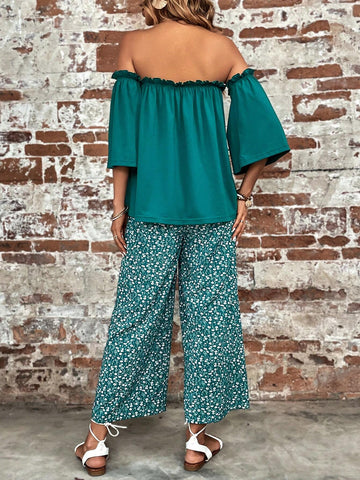 Off Shoulder Top & Ditsy Floral Print Wide Leg Pants