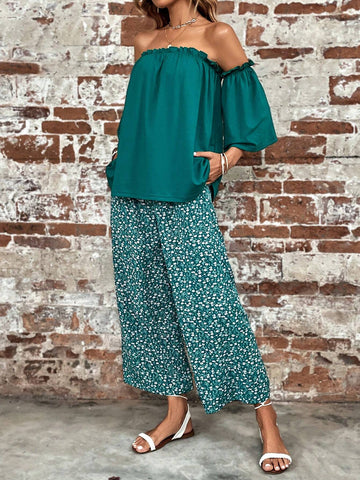 Off Shoulder Top & Ditsy Floral Print Wide Leg Pants