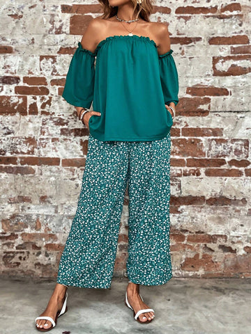 Off Shoulder Top & Ditsy Floral Print Wide Leg Pants