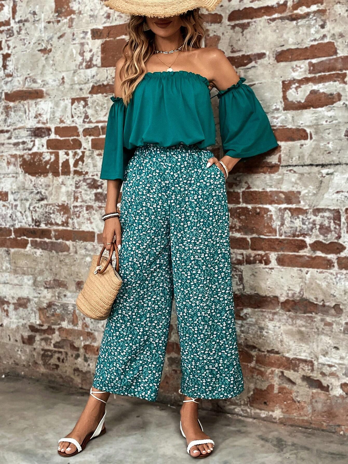 Off Shoulder Top & Ditsy Floral Print Wide Leg Pants
