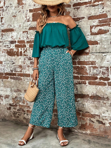 Off Shoulder Top & Ditsy Floral Print Wide Leg Pants