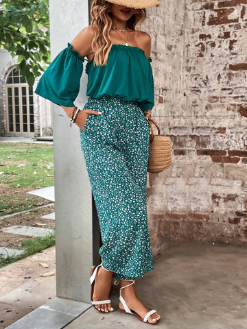 Off Shoulder Top & Ditsy Floral Print Wide Leg Pants